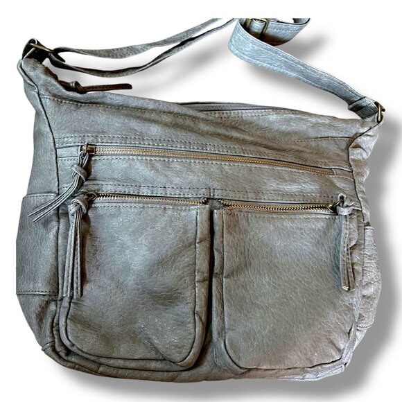 Bueno Gray Buttery Soft Vegan Leather Shoulder Hobo Bag Purse Zippered Pockets - Picture 1 of 11